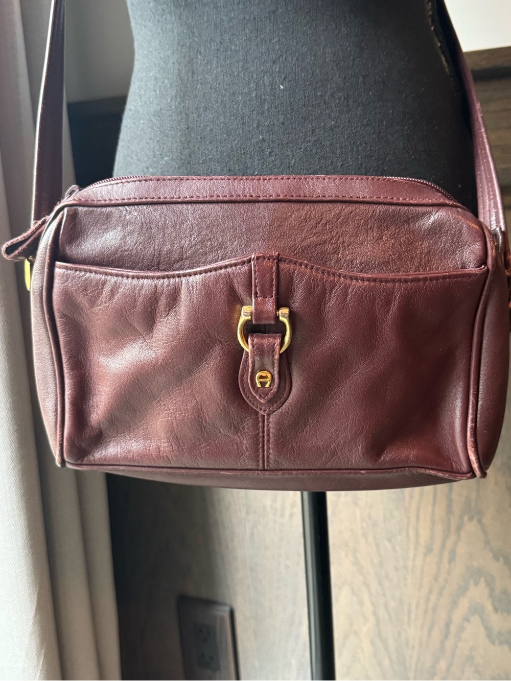 Etienne Aigner Burgundy Leather Messenger Bag with Gold Hardware